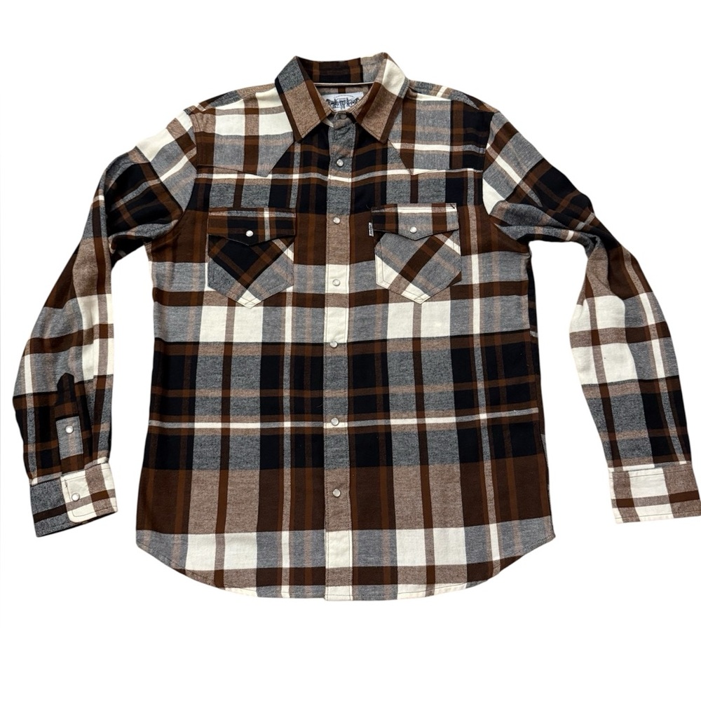 Levi Strauss & Co. Men’s Pearl Snap Brown Cotton Plaid Flannel Shirt. Size S